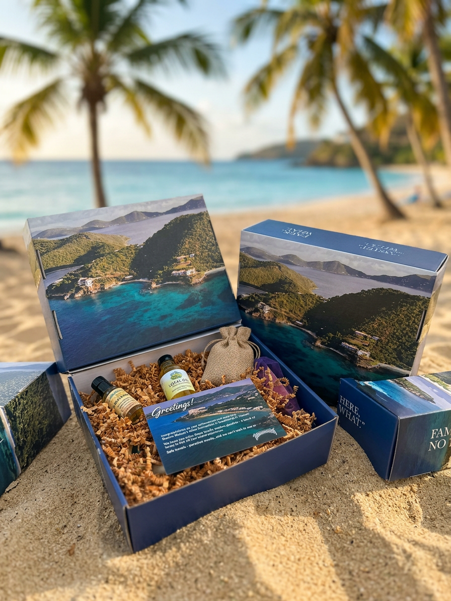 Custom branded gift boxes with local Virgin Islands products