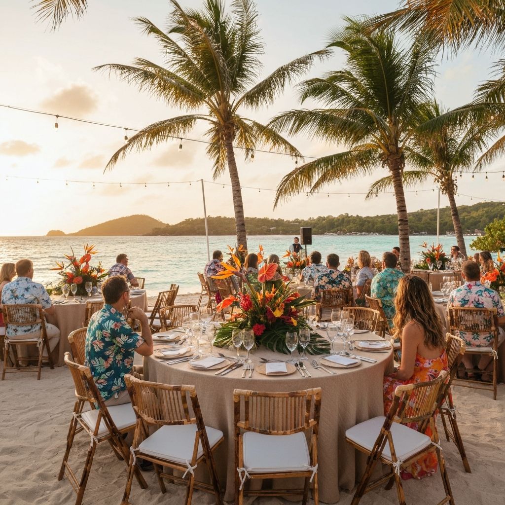 Elegant outdoor corporate event in the Virgin Islands with guests at waterfront tables