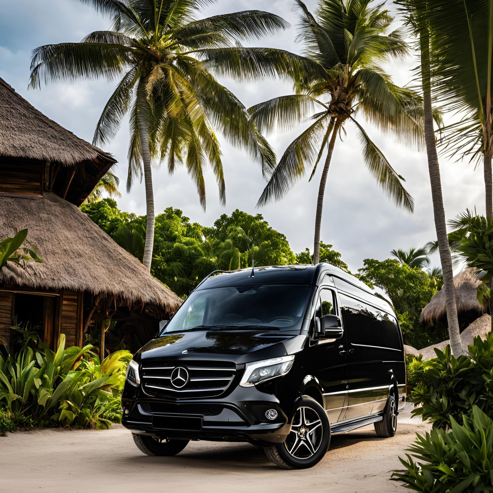 Luxury Mercedes Sprinter van in tropical setting